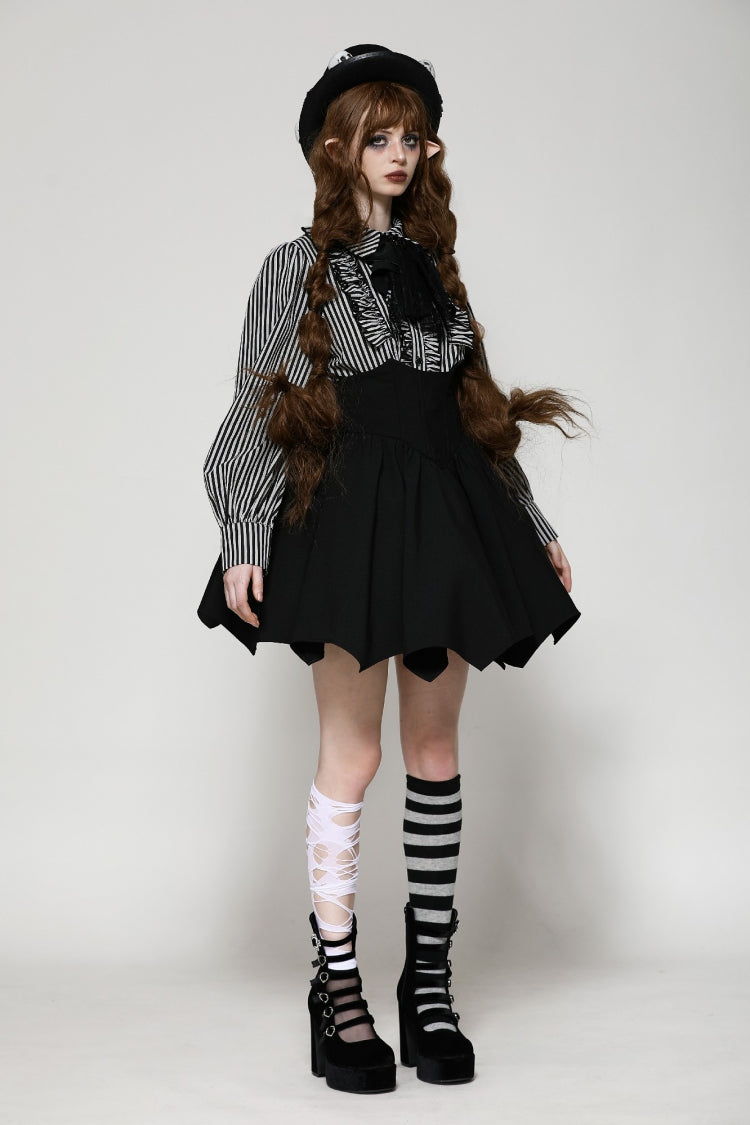 Black/White Skull Lace Jabot Striped Lapel Collar Long Sleeves Ruffled Women's Lolita Gothic Blouse - Product - 9