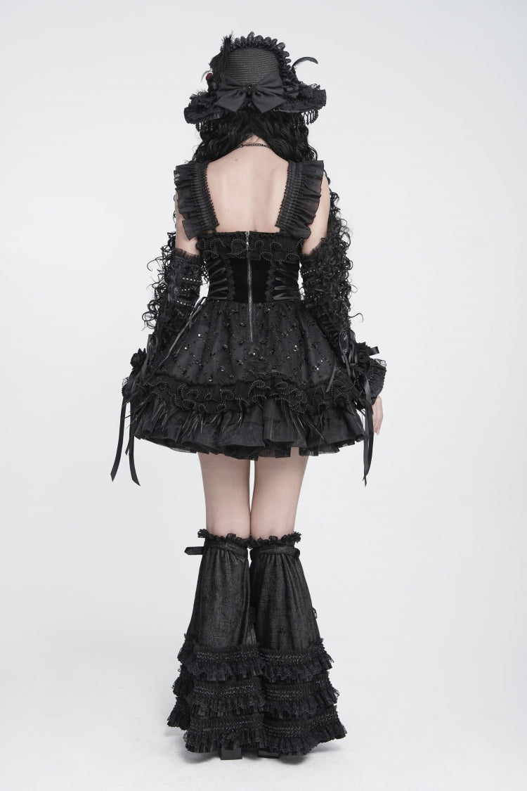 Black Multi-Layered Lace Lace-Up Buckled Pleated Women's Gothic Luxurious Royal  Leg Warmers - Product - 3