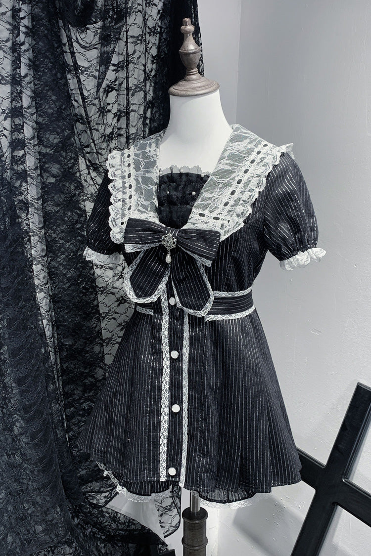 Black [Serenade] Short Sleeves Ruffle Bowknot Lace Sweet Jirai Kei Dress Set - Black - 1