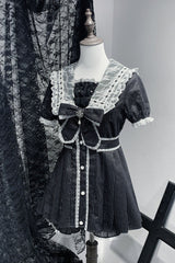 Black [Serenade] Short Sleeves Ruffle Bowknot Lace Sweet Jirai Kei Dress Set - Black - 1