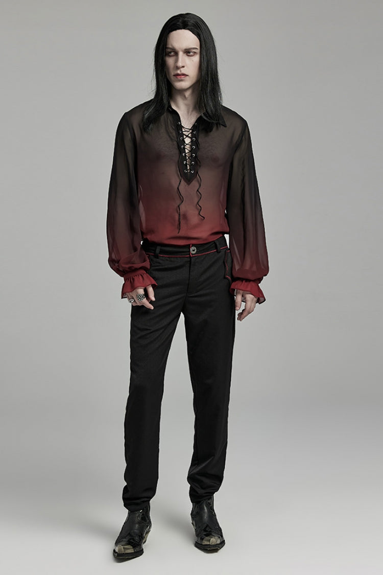 Black/Red Lapel Collar Gradient Sheer Men's Gothic Blouse - Product - 4
