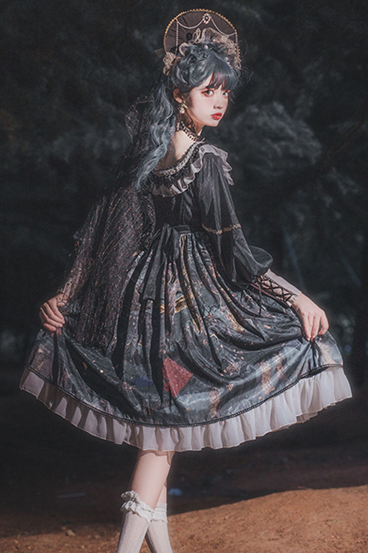 Black Long Sleeves Mist Print Classic Lolita OP Dress - Product - 3
