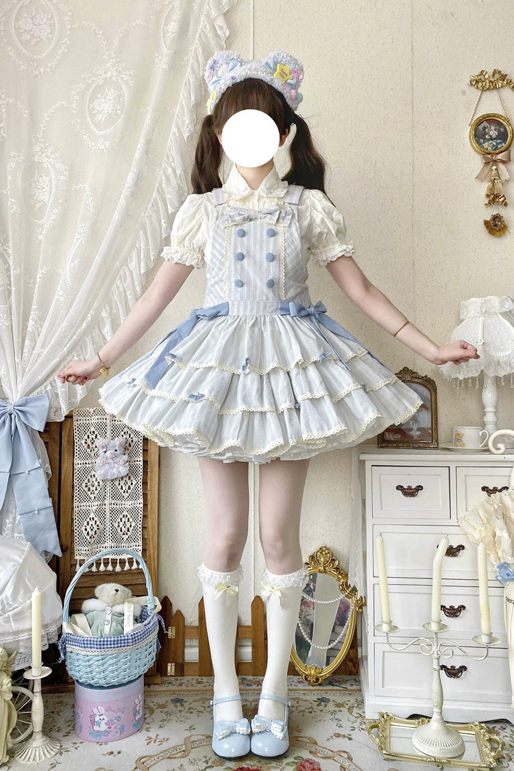 Light Blue Cotton Sleeveless Triple-Layered Printed Ruffled Bow Sweet Lolita Strap Dress - Product - 6