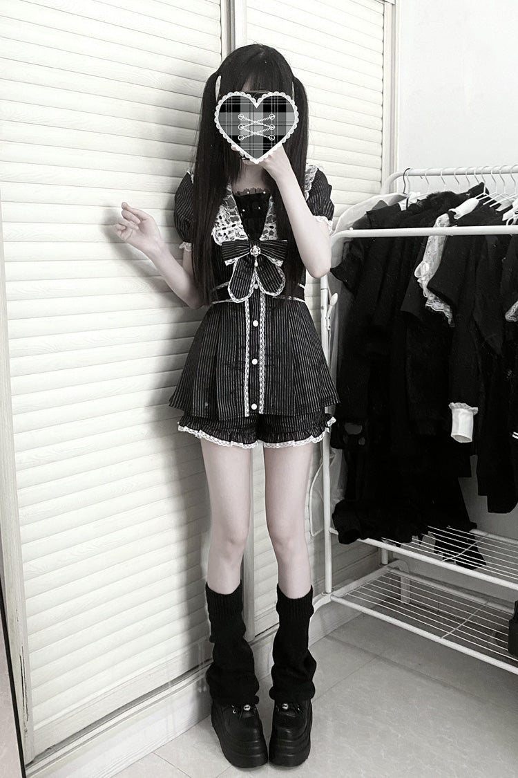 Black [Serenade] Short Sleeves Ruffle Bowknot Lace Sweet Jirai Kei Dress Set - Product - 4