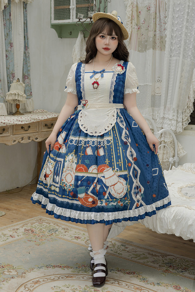 Dark Blue [Tea Party] Short Sleeves Print Ruffle Bowknot Lace Sweet Elegant Lolita Dress - Product - 4