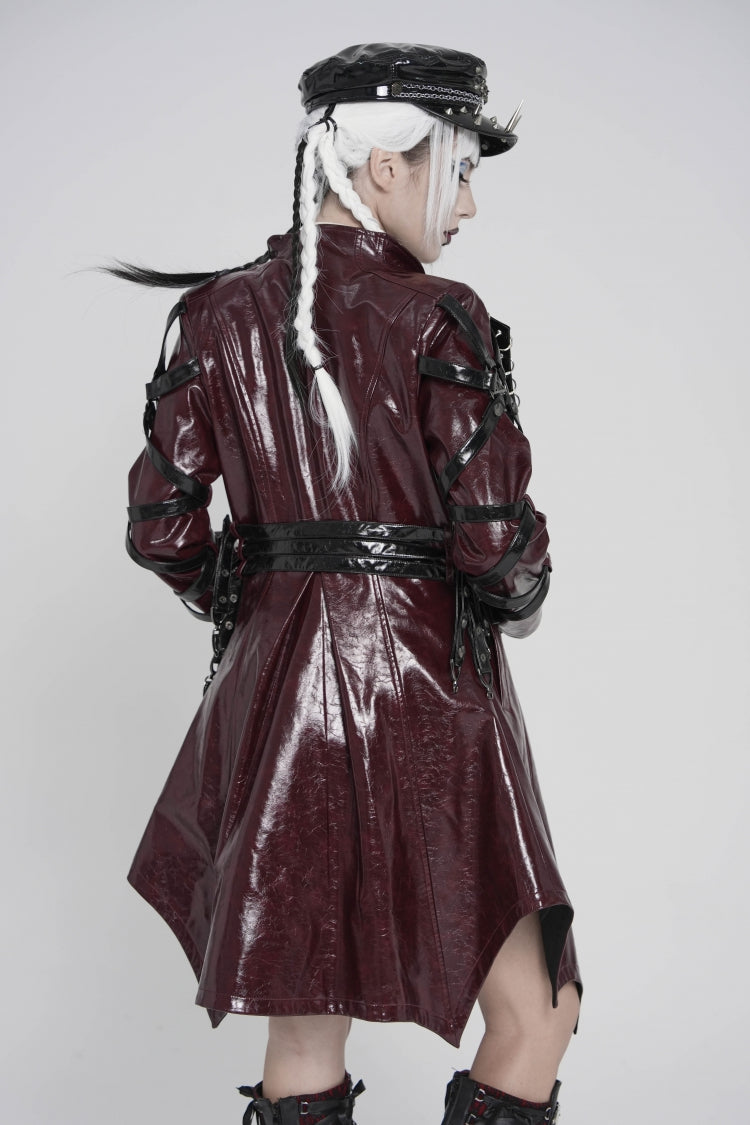 Red Lapel Collar Long Sleeves Lace-Up Irregular Eyelets & Rings Women's Punk Coat - Product - 3