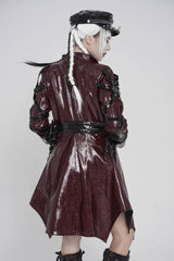 Red Lapel Collar Long Sleeves Lace-Up Irregular Eyelets & Rings Women's Punk Coat - Product - 3