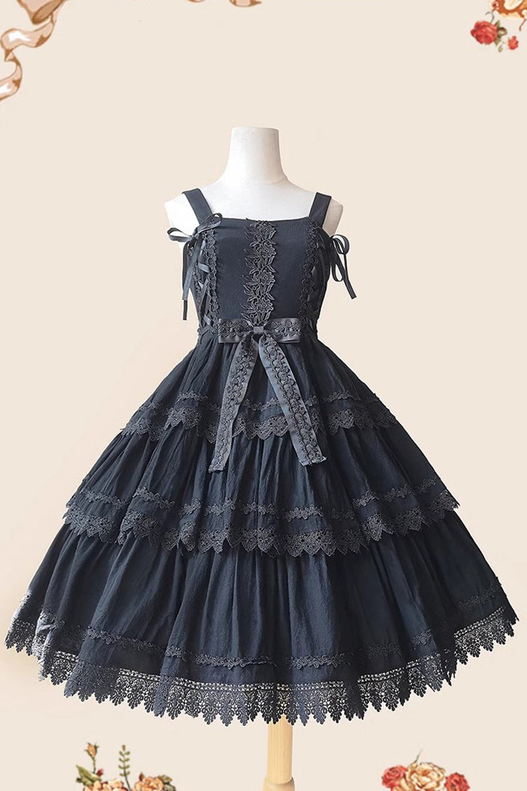 Black Three-section Cake Sleeveless Ribbon Sweet Lolita Tiered Dress - Black - 1