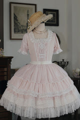 Pink [Vintage Ball 3.0] Square Collar Short Sleeves Lace Pearl Detail Sweet Lolita Dress - Product - 3
