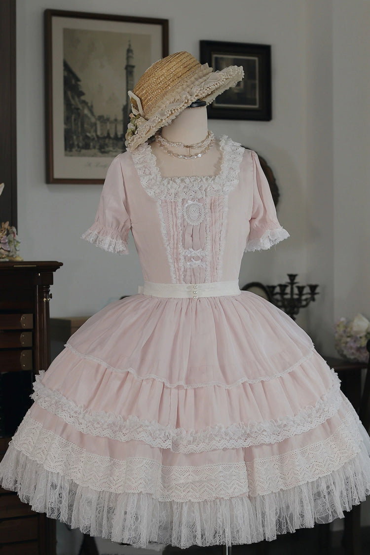 Pink [Vintage Ball 3.0] Square Collar Short Sleeves Lace Pearl Detail Sweet Lolita Dress - Product - 3
