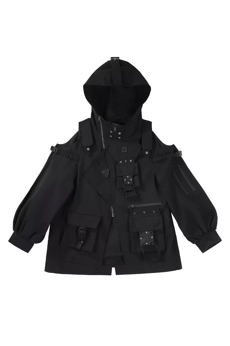 Black Techwear Long Sleeves Hooded Zippered Ouji Gothic Cool Lolita Set - Coat - 10