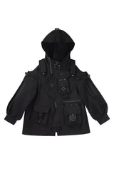 Black Techwear Long Sleeves Hooded Zippered Ouji Gothic Cool Lolita Set - Coat - 10