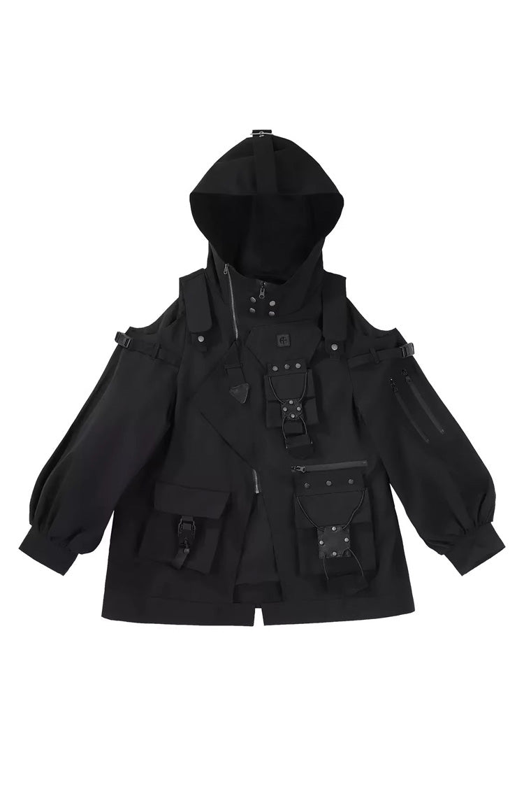 Black Techwear Long Sleeves Hooded Zippered Ouji Gothic Cool Lolita Set - Coat - 10