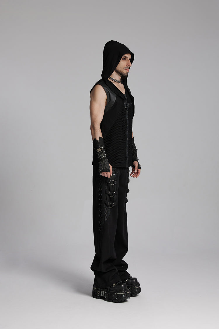 Black V Collar Sleeveless Hooded Mesh Eyelets Men's Punk Vest - Product - 2