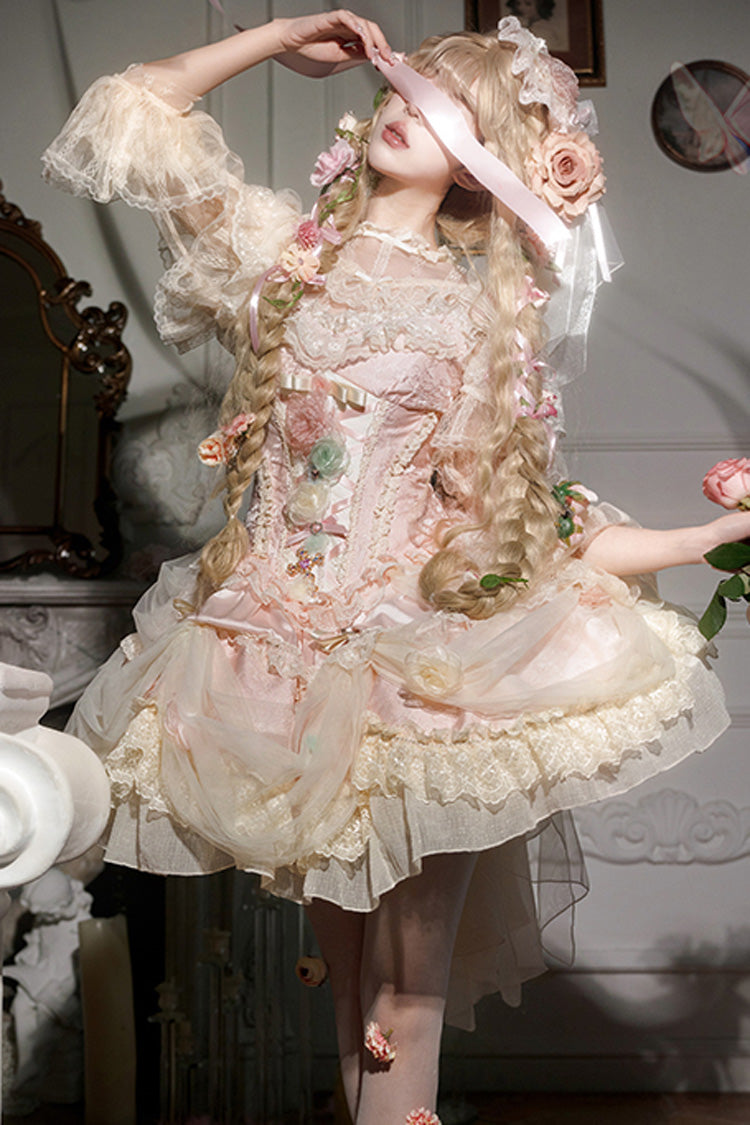 Pink [Dream Garden] Ruffle Hanayome Embroidery Bowknot Lace Fishbone Sweet Princess Gorgeous Lolita Jsk Dress - Product - 4