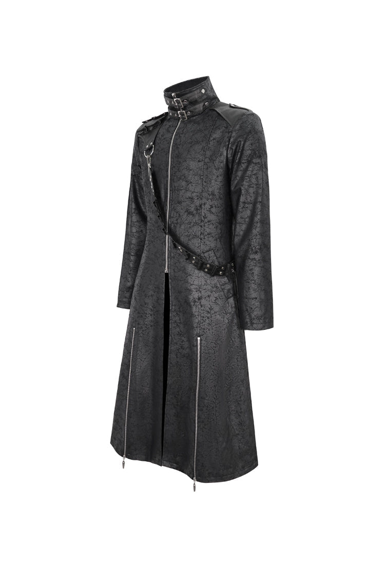 Black Stand Collar With Strap Split At The Hem Long Men's Gothic Coat - Product - 7