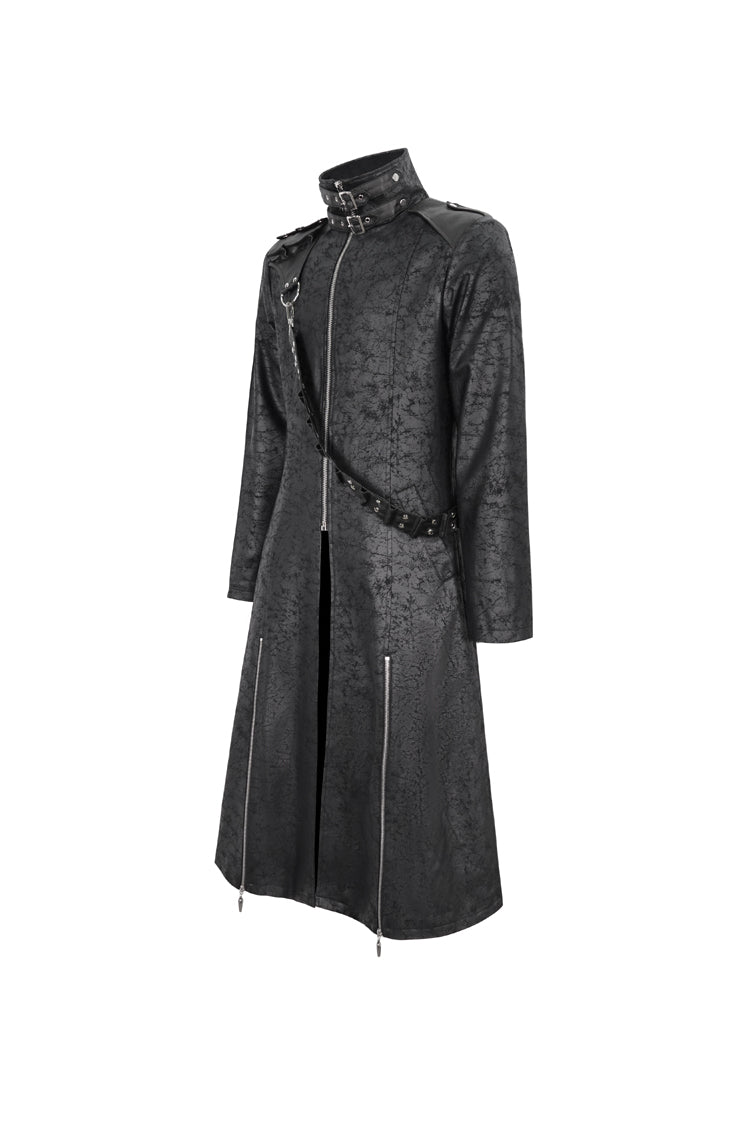Black Stand Collar With Strap Split At The Hem Long Men's Gothic Coat - Product - 7