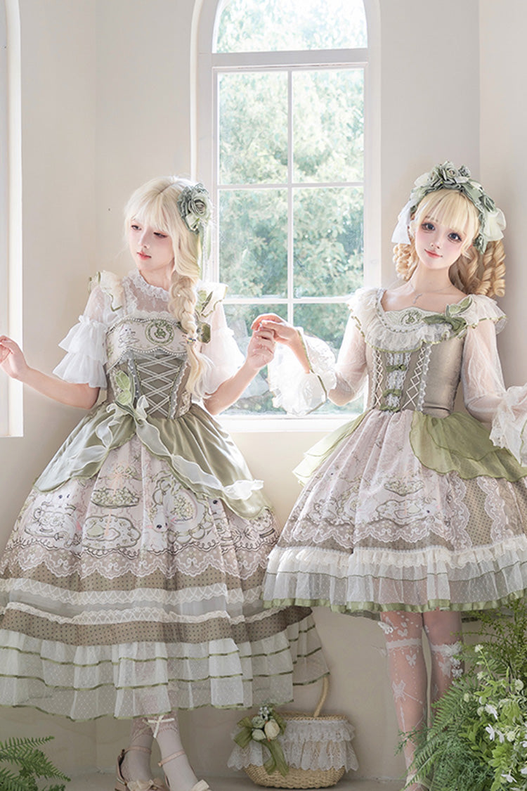 Green [Teacup Rabbit] Multi-Layered Print Ruffle Embroidery Bowknot Lace Asymmetric Sweet Elegant Lolita Jsk Dress - Product - 10