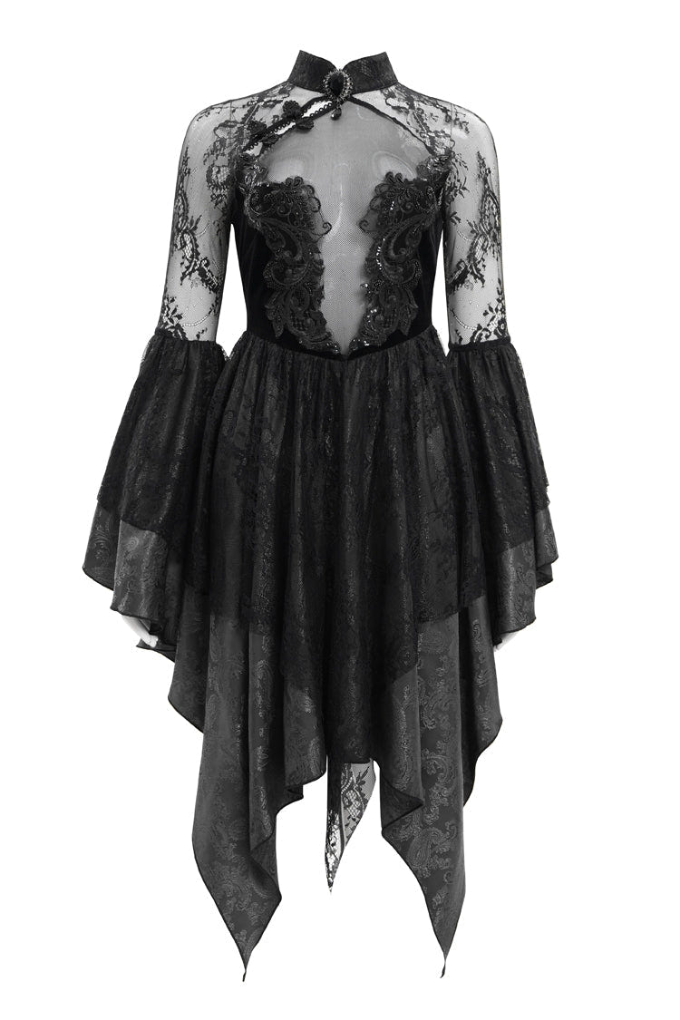 Black Long Sleeves Embroidery Lace Lace-Up Irregular Sheer Mesh Women's Gothic Dress - Product - 3