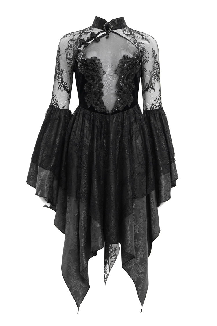 Black Long Sleeves Embroidery Lace Lace-Up Irregular Sheer Mesh Women's Gothic Dress - Product - 3