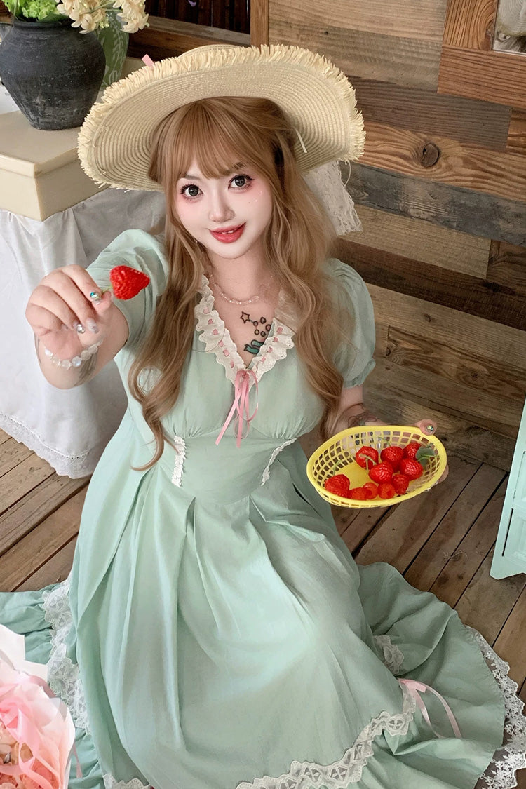 Green V Collar Short Sleeves Ruffled Lace Sweet Plus Size Lolita Dress - Product - 5