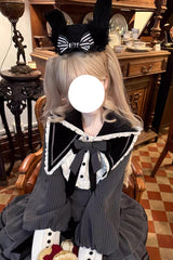 Black [Bizarre Rabbit Opera] Navy Collar Long Sleeves Print Ruffle Bowknot Gothic Lolita Dress - Product - 7