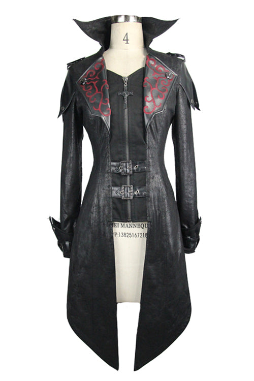 Black Punk Burnt Out Applique Hooded Womens Leather Coat - Product - 4