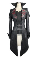 Black Punk Burnt Out Applique Hooded Womens Leather Coat - Product - 4