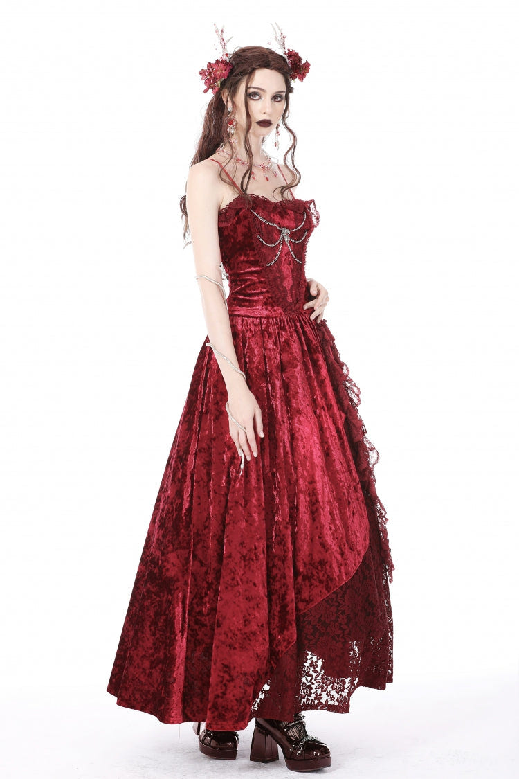 Red Sleeveless Spliced Lace Chain-Decorated Women's Gothic Velvet Slip Maxi Dress - Product - 8