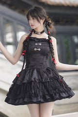 Black Bamboo Leaves Print Ruffle Lace Gothic Chinese Style Lolita Skirt - Black - 1