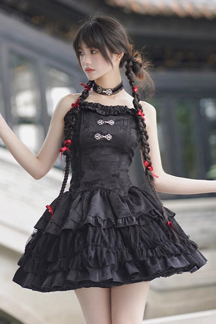 Black Bamboo Leaves Print Ruffle Lace Gothic Chinese Style Lolita Skirt - Black - 1