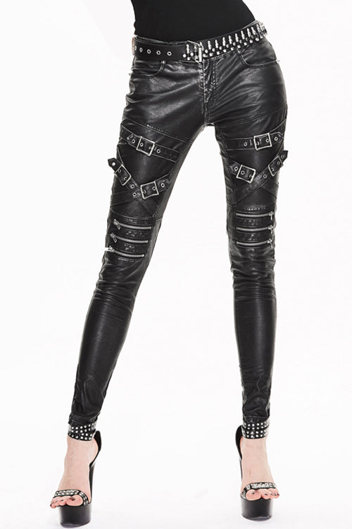 Black Punk Multi Loops Silver Zipper Hand Rubbed Leather Womens Pants - Black - 1