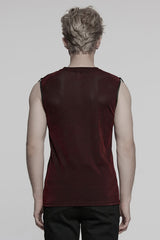 Black/Red Round Collar Sheer Mesh Color Matching Rivet Men's Punk Vest - Product - 3