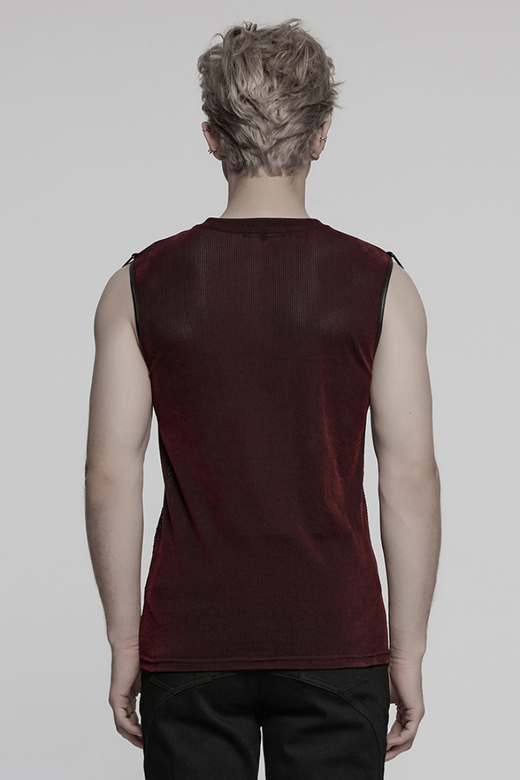 Black/Red Round Collar Sheer Mesh Color Matching Rivet Men's Punk Vest - Product - 3