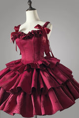 Wine Red Sleeveless Multi-layer Ruffle Bowknot Fish Bone Gothic Lolita Jsk Dress - Product - 3