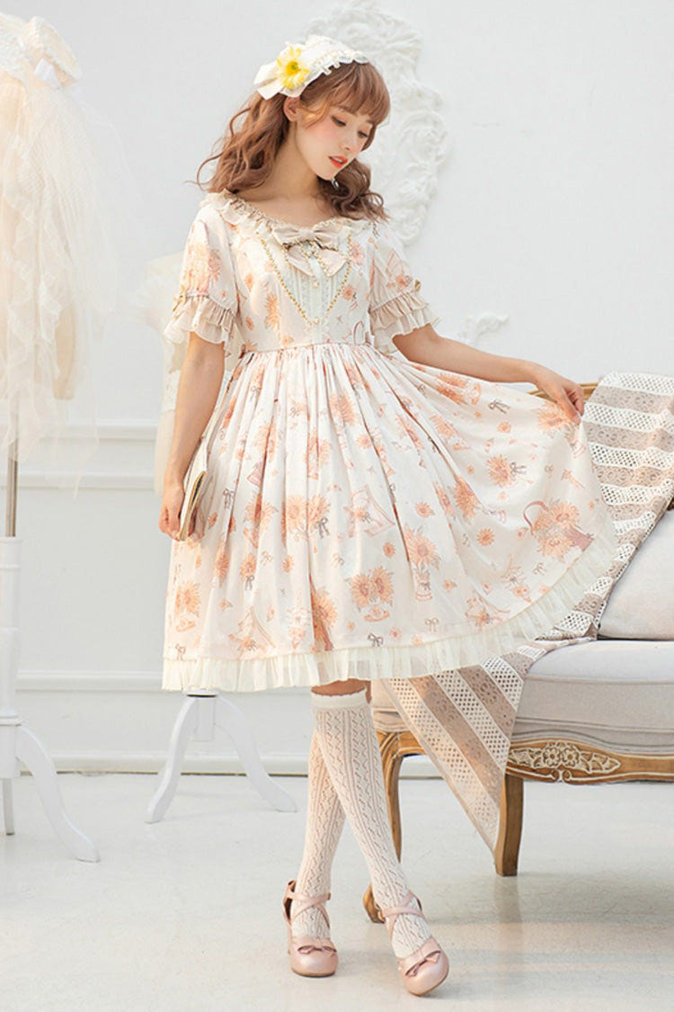 アイボリー [Miss Sunflower] 半袖 プリント フリル リボン スウィートロリータ ワンピース 商品画像