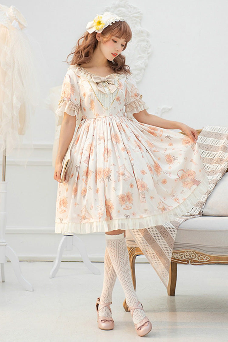 Ivory [Miss Sunflower] Short Sleeves Printed Ruffled Bow Sweet Lolita Dress - Ivory - 1