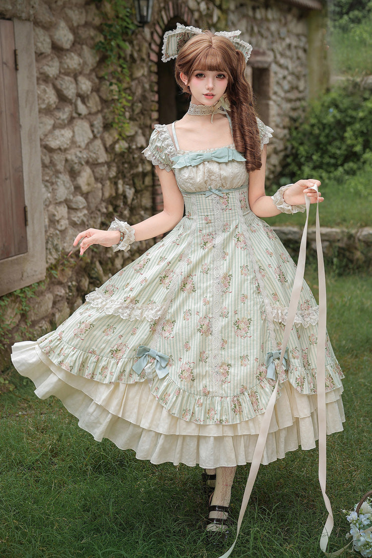 Green [An Encounter with Austin] Square Collar Short Sleeves Multi-Layered Rose Printed Ruffled Bow Lace Sweet Lolita Dress 2 Versions - Product - 18