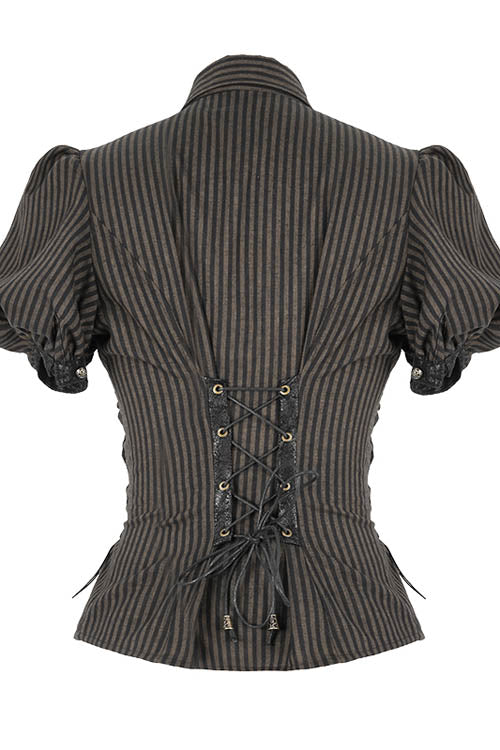 Brown Bubble Short Sleeves Striped Slim Womens Punk Blouse - Product - 6