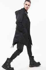 Black Punk Back Splicing Straps Design Windproof Fabric Daily Matching Hooded Casual Men's Coat - Product - 6