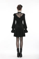 Black V-neck Long Sleeves Ruched Ruffled Lace Women's Lolita Gothic Velvet Dress - Product - 4