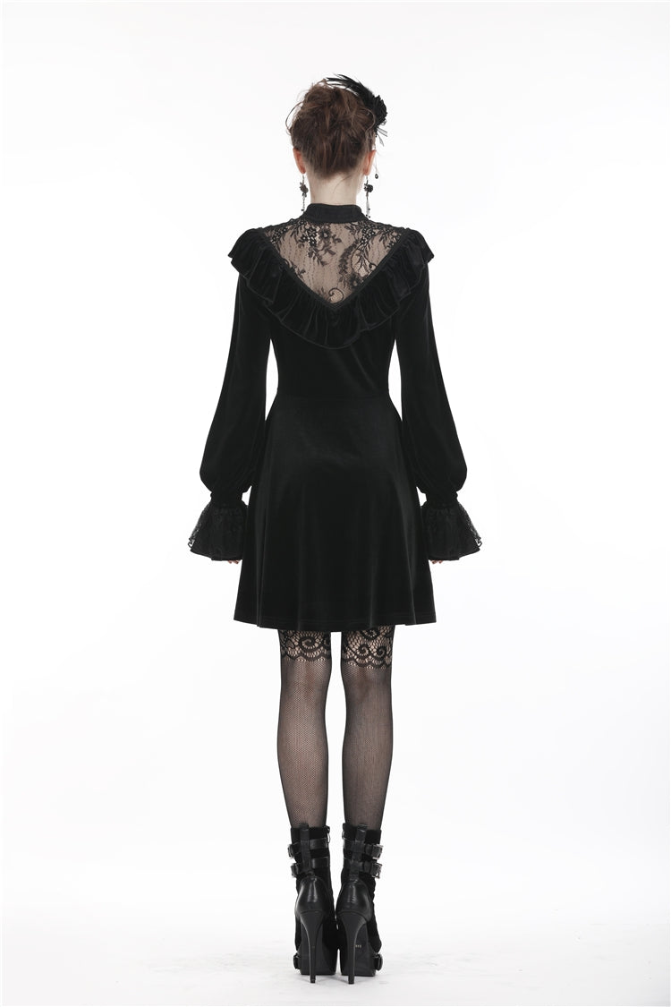 Black V-neck Long Sleeves Ruched Ruffled Lace Women's Lolita Gothic Velvet Dress - Product - 4