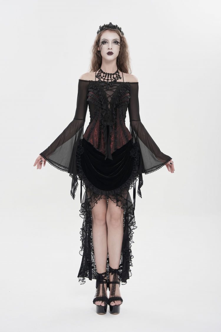 Black/Red Off Shoulder Long Trumpet Sleeves Ruffled Embroidered Lace-Up Women's Gothic Blouse - Product - 8