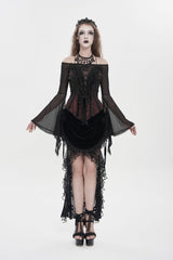 Black/Red Off Shoulder Long Trumpet Sleeves Ruffled Embroidered Lace-Up Women's Gothic Blouse - Product - 8