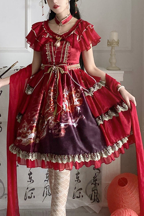 Round Collar Ruffled Short Sleeves Elegant Print High Waist Classic Lolita Dress - Red - 1