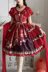 Round Collar Ruffled Short Sleeves Elegant Print High Waist Classic Lolita Dress - Red - 1