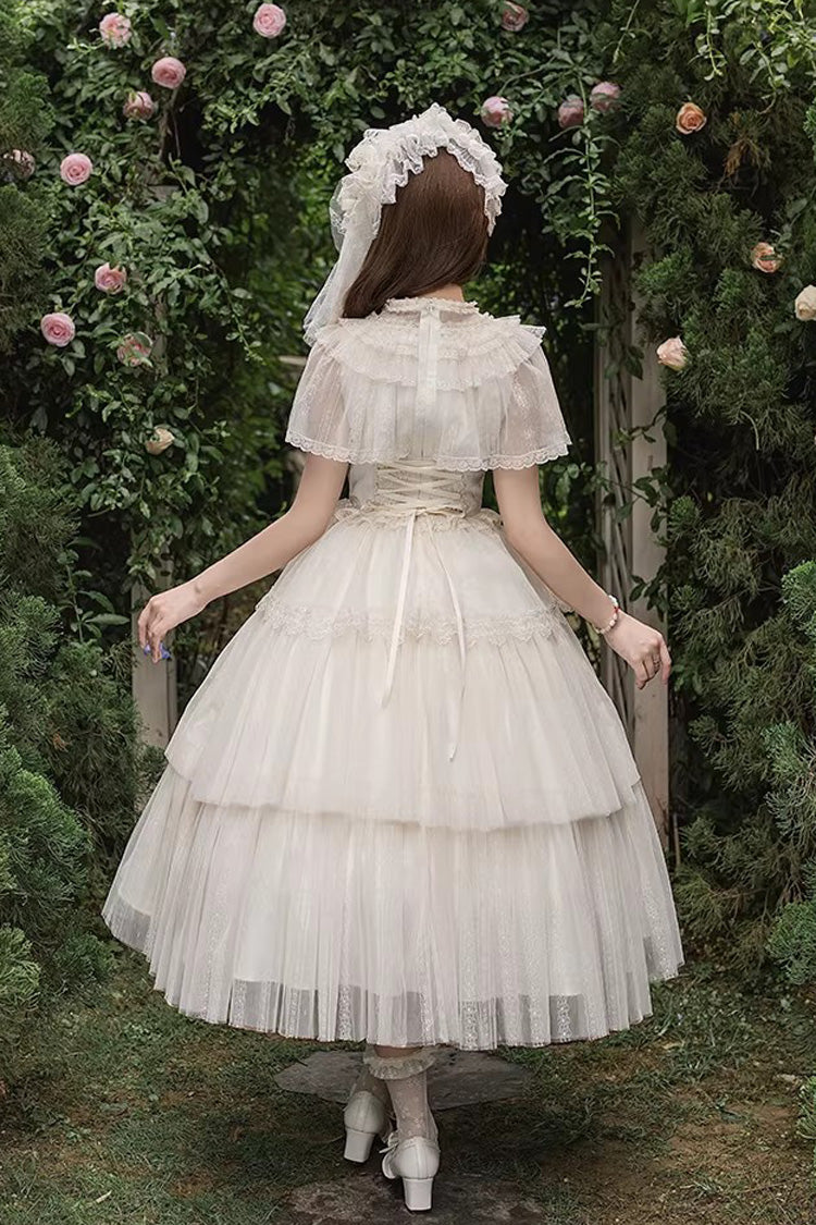 Ivory [The Oath of White Mist] Edwardian Collar Long Sleeves Multi-Layered Ruffled Bow Lace Fishbone Sweet Lolita Dress 2 Versions - Product - 19