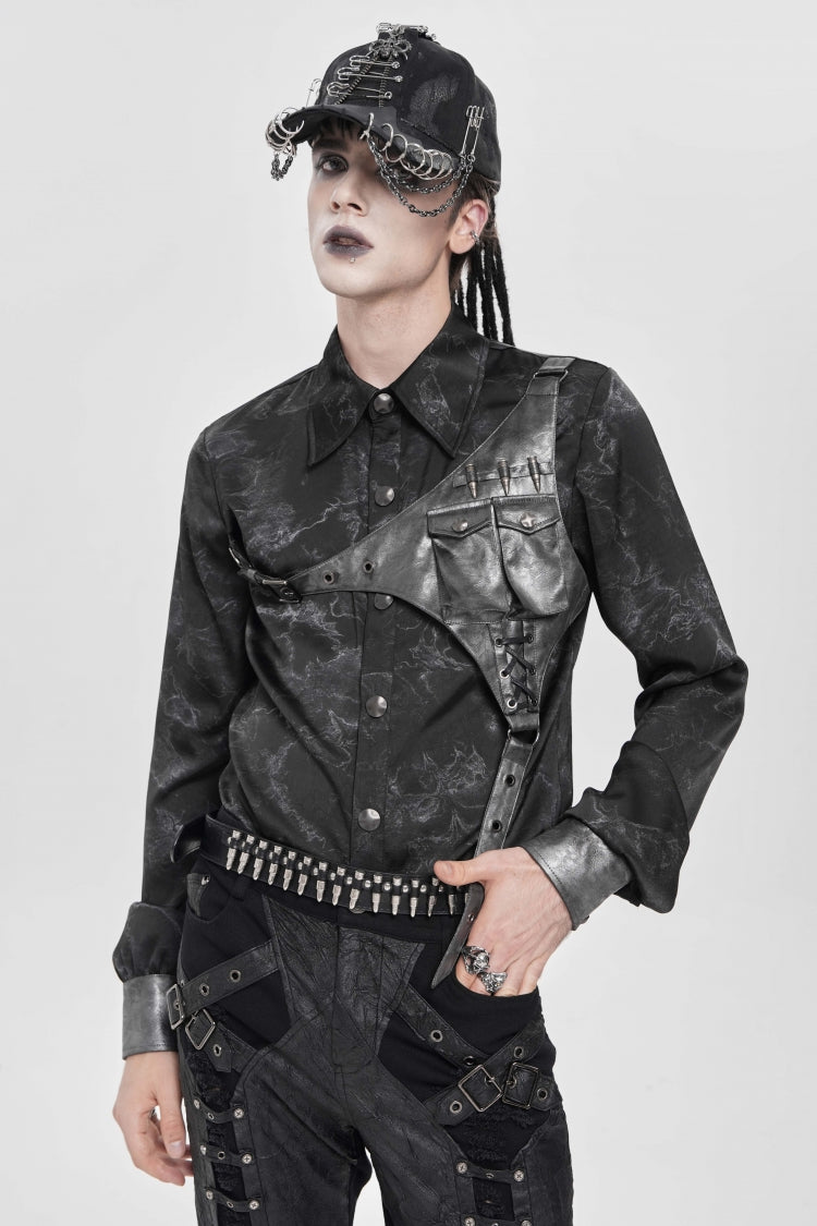 Black Long Sleeves Print Stitching Asymmetric Bullet Men's Punk Blouse - Black - 1