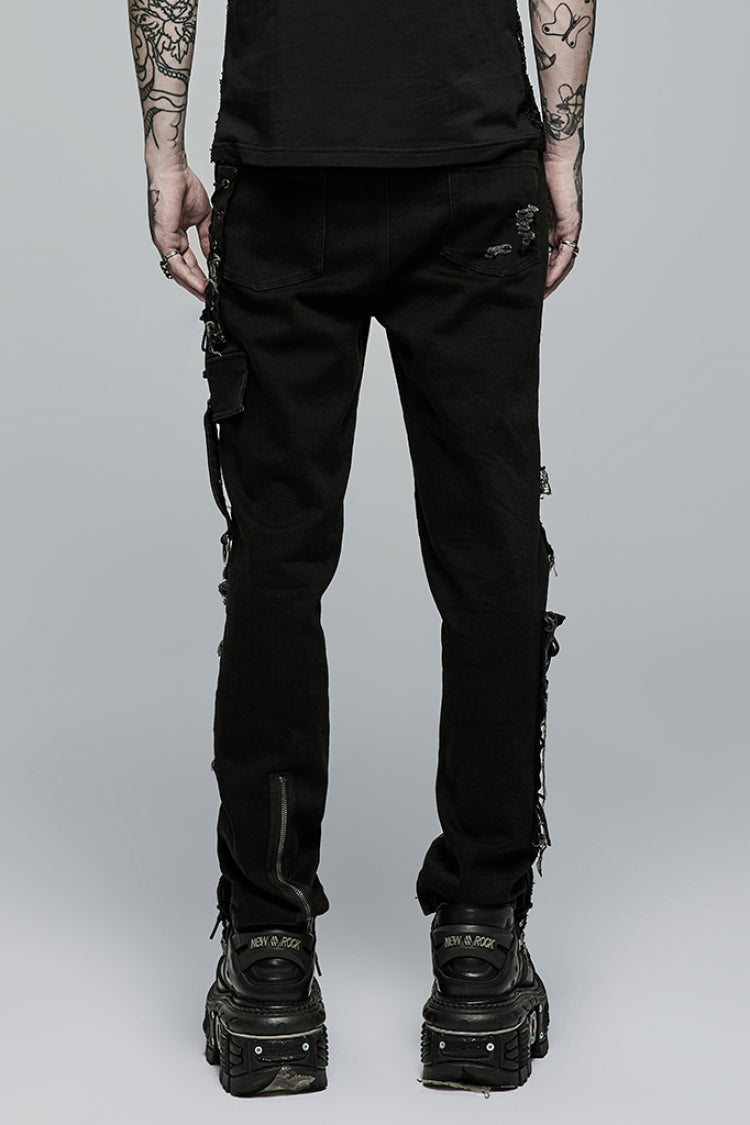 Black Hollow Lace-Up Ripped Men's Punk Pants - Product - 3