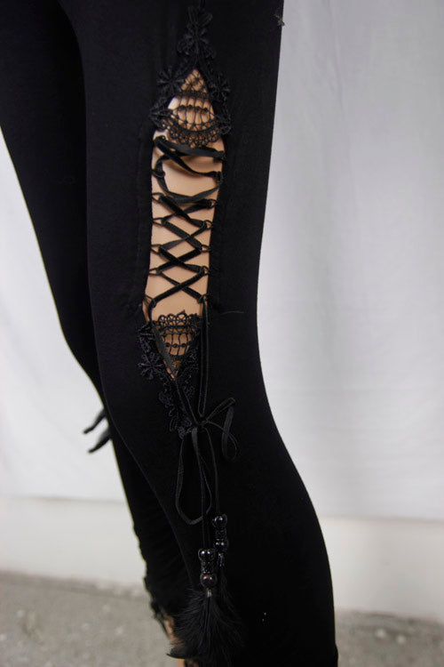 Black Side Hollow Out Lace Up Slit Lace Hem Gothic Womens Pants - Product - 7